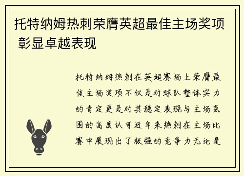 托特纳姆热刺荣膺英超最佳主场奖项 彰显卓越表现